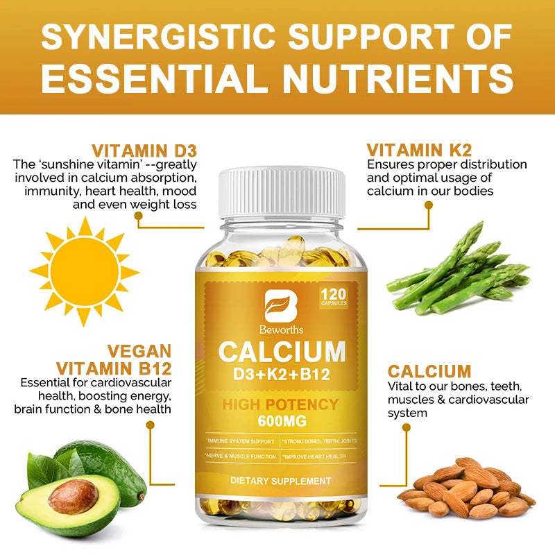 BW D3 K2 B12 Calcium Capsules for Healthy Bones, Teeth, Muscles & Energy